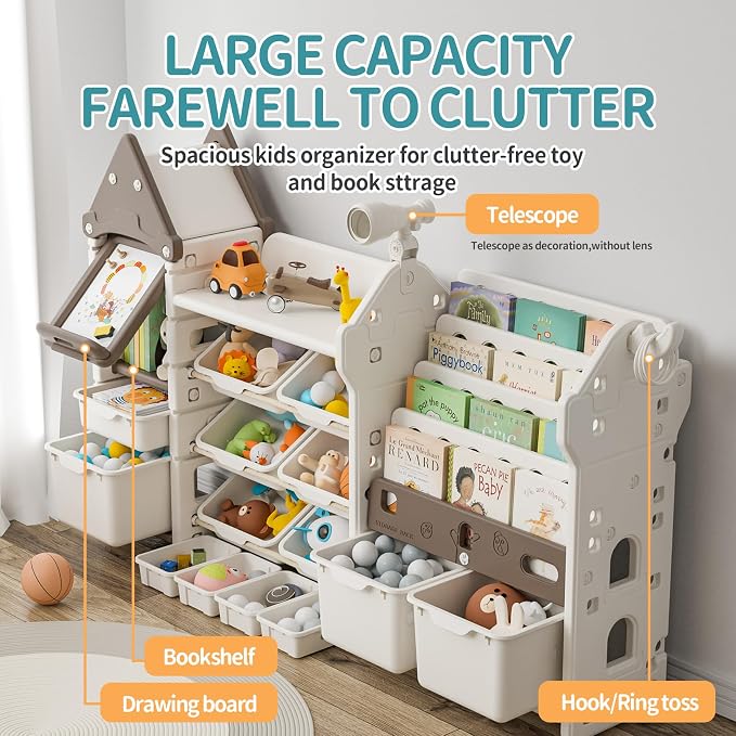 Kids Toy Storage Organizer with Bookshelf, 14-Bin Playroom Organizer and Bookcase, HDPE Toddler Storage Shelf with Drawing Board, for Nursery, Bedroom and Playroom (Brown) - Image 6