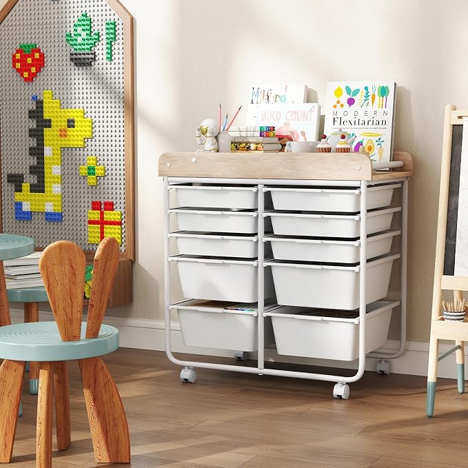 Giantex Rolling Storage Cart with 10 Drawers, Utility Cart w/Wooden Tabletop, Handle, Lockable Wheels, Multipurpose Organizer for Art Craft Scrapbooks Paper, Drawer Carts for Dorm School Office, White - Image 2