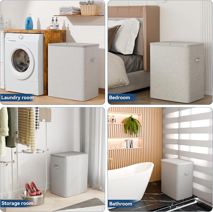 Dual Section 90 liter/23.8 gallon Laundry Hamper Separation Basket with lid, 2 Removable Washing Bags with Handles,Large Laundry Sorter for Easy Clothes Separation - Gray - Image 7