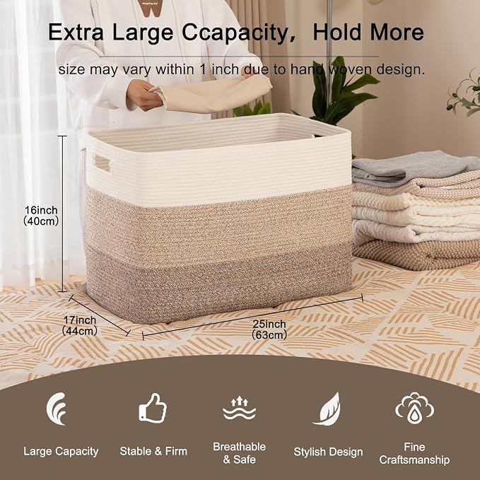 OIAHOMY 118L Extra Large Blanket Basket, Rectangle Woven Cotton Rope Storage Basket,Used for storing Dirty Clothes, Stuffed Animal Toy Storage for Living Room,Kids Room,25" x 17" x 16", Gradient Brown - Image 2
