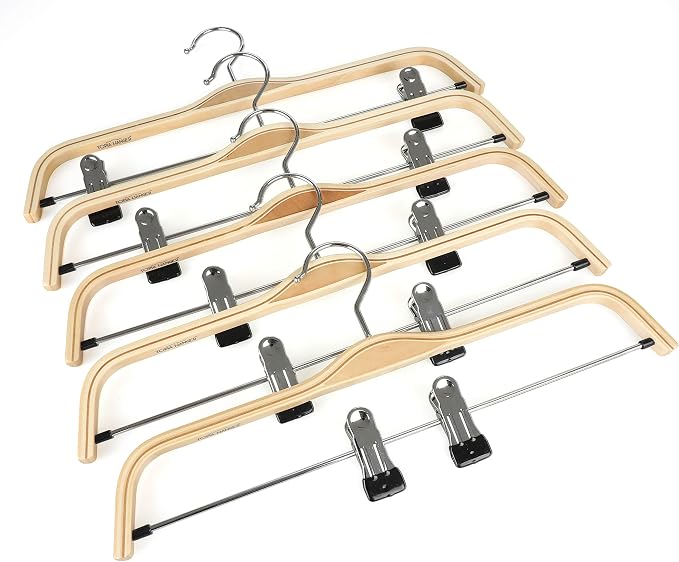 TOPIA HANGER Wooden Pants Hangers,Slim Natural Wood Skirt Hangers with Anti-Rust Hook and Adjustable Metal Clips, Perfect for Skirts, Pants, Slacks-10 Pack-CT17N - Image 4