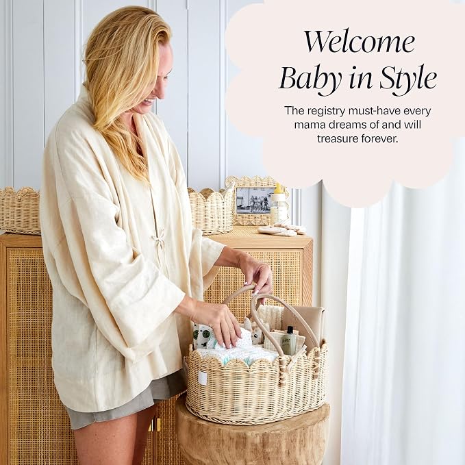 BEBE BASK Premium Baby Diaper Caddy Organizer - Scalloped Rattan Basket | Handmade & Award-Winner, Elegant Scalloped Edge, Newborn Essentials, Nursery Basket, Removable Divider, Baby Shower (Natural) - Image 6