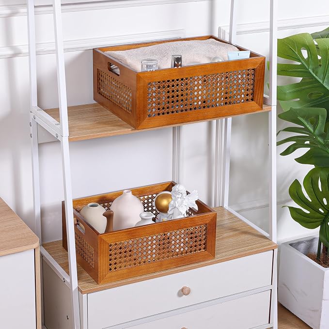 Rattan Wooden Box 15x11x6in Handmade Decorative Storage Basket with Handles | Natural Bamboo Woven Storage Basket Rustic Farmhouse Decor Home Office Tabletop Shelf Drawer Closet Desk Organizer, Brown - Image 8