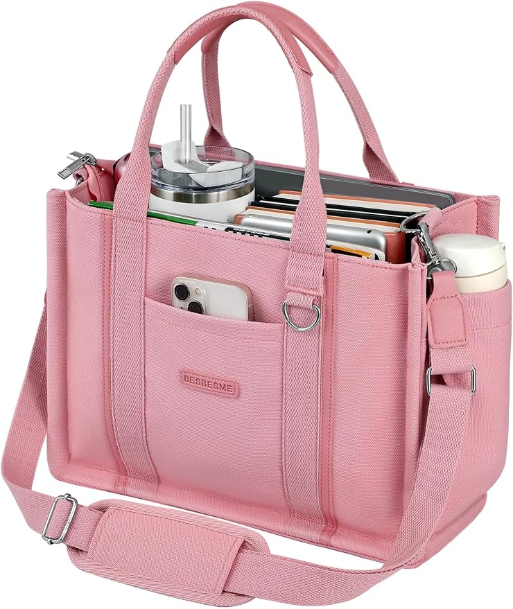BESBESME Women’s Canvas Tote Bag with Zipper and Compartments – Multi-Pocket Laptop Work Crossbody Shoulder Tote Purse - Image 7