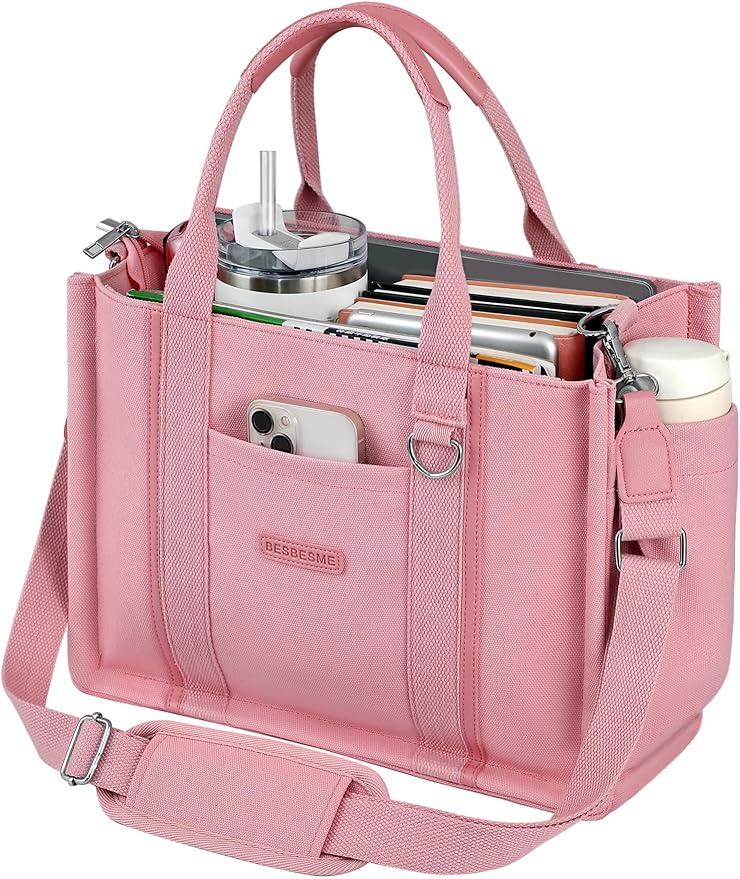 BESBESME Women’s Canvas Tote Bag with Zipper and Compartments – Multi-Pocket Laptop Work Crossbody Shoulder Tote Purse - Image 7