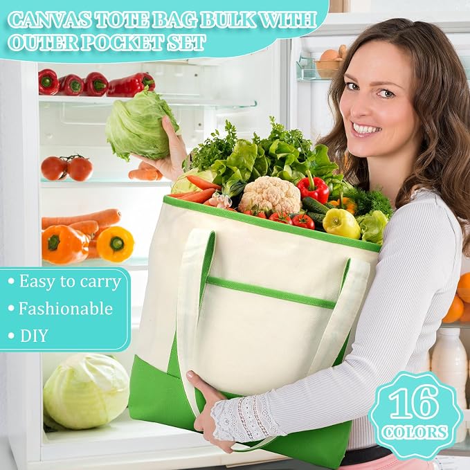 Sanwuta 16 Pack Canvas Tote Bags Bulk with Outer Pockets,Assort Color | Reusable Cotton Grocery Bags, Perfect for Teachers, Party Giveaways, DIY Crafts, Wedding Favors, Business Gifts - Image 6