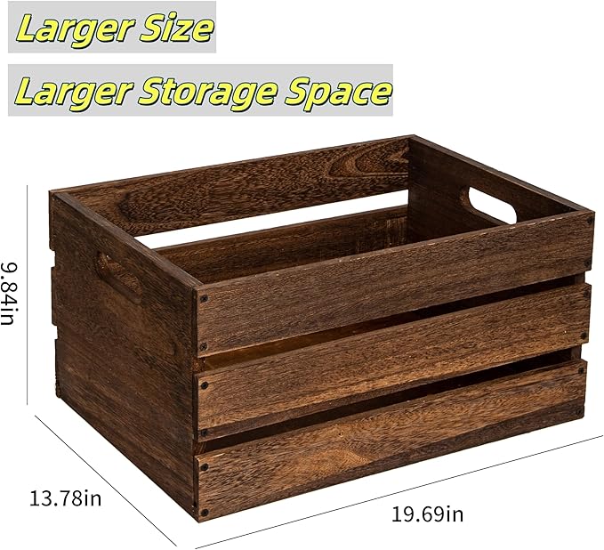 20" L Oversize Wooden Crates For Storage, Wood Milk Crates Of Farmhouse Vintage Brown ,Vinyl Record Storage Crates,Extra Large Size Rustic Decration Wood Storage Crates (Vintage Brown) - Image 2