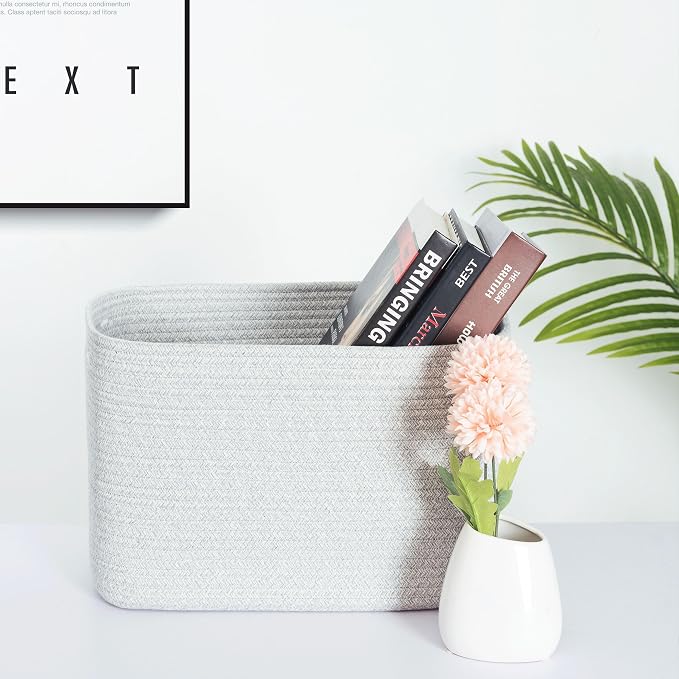 3-Pack Decorative Woven Storage Baskets for Shelves, Cube Bin Box for Organizing Books, Shoes, Dog Toys, Pantry Closet and Living Room Organizer, Light Gray Mix - Image 3