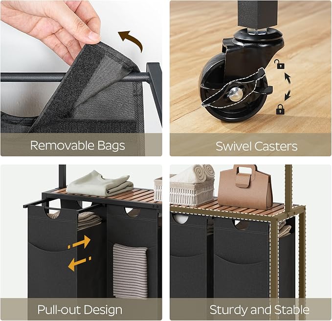 Laundry Sorter 4 Section, Rolling Laundry Hamper with Hanging Rack, Laundry Sorter with Wheels, Hampers for Laundry, Laundry Basket Organizer for Laundry Room, Rustic Brown LS47BR - Image 6