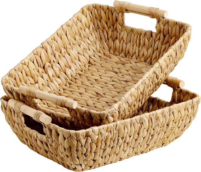 StorageWorks Hand-Woven Storage Baskets with Wooden Handles, Water Hyacinth Wicker Baskets for Organizing, 2 Pack | Wicker Storage Baskets for Shelves, Baskets with Wooden Handles, 2-Pack Gifts Basket for Home Decor, Hand-Woven Basket by StorageWorks