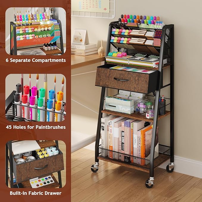 3 Tier Rolling Cart - Metal Utility Cart with Storage Drawer and Wheels, Versatile Art & Craft Organizer for Home, Office, or Studio - Ideal for Storing Brushes, Paints, and Supplies - Image 3