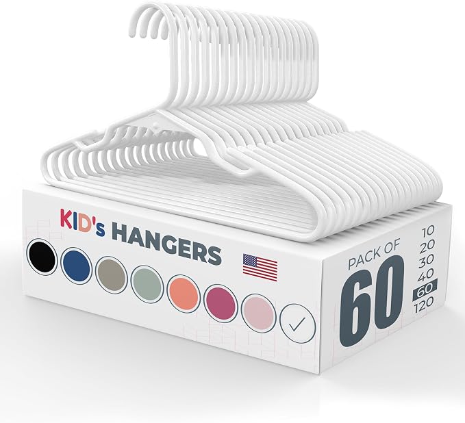 Plastic 12” Kids Hangers 50 Pack (60 Count) – Made in The USA – 5lb Capacity Baby & Toddler Clothes Hangers with Notches & Reinforced Edges – Fits Children’s Sizes Up to 8 – White by NeatiesHangers