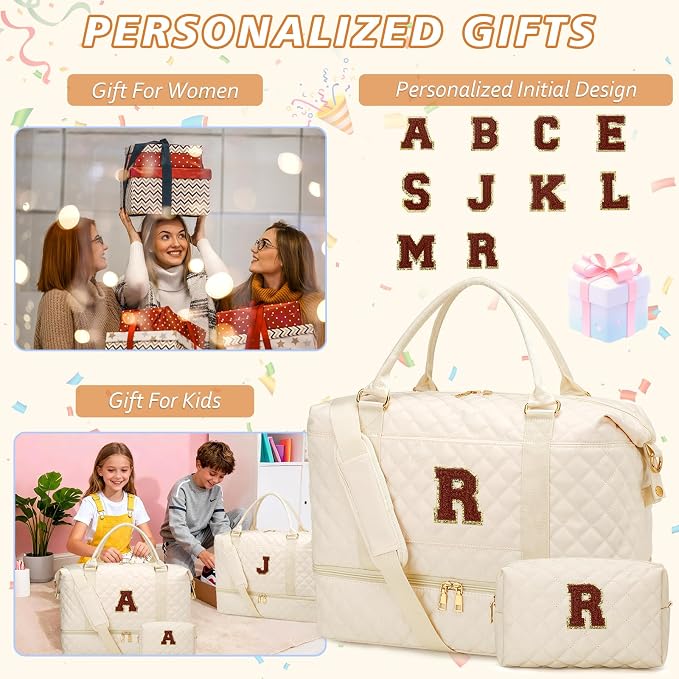 Kids Travel Duffel Overnight Bags Sleepover Bag(Beige,R) | Monogrammed Gifts for Women-Overnight Bags with Toiletry Bag-Weekender Bags with Shoe Compartment for Travel - Image 3