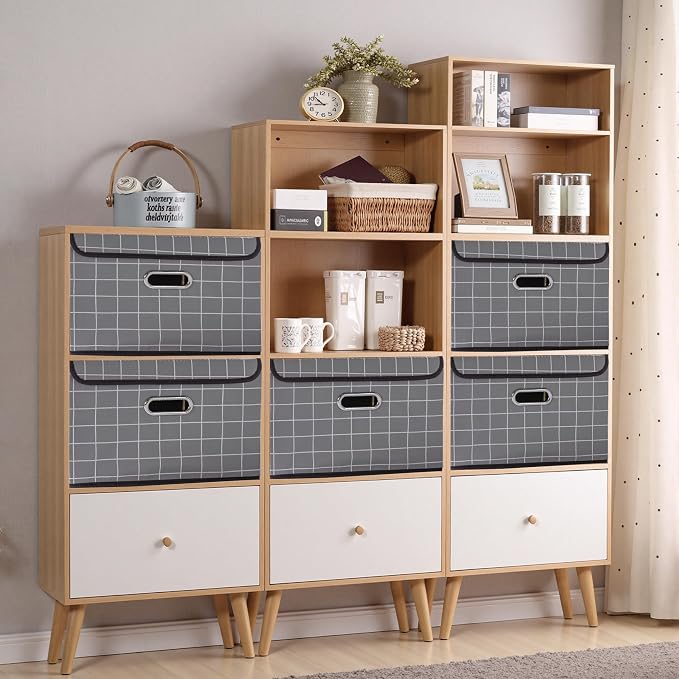 STOREONE Fabric Storage Cube Bins Foldable Organizer Container Collapsible Basket with Lids and Metal Handles, for Home, Bedroom, Closet 3 Pcs (Grey grid) - Image 5