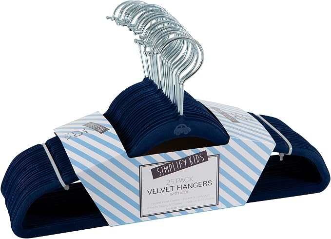 Simplify 25 Pack Kids Velvet Hangers | Slim | Non-Slip Design | Space Saving | Childrens Clothes | Shirts | Pants | Dresses | Baby Nursery | Closet Storage & Organization | Navy by Simplify