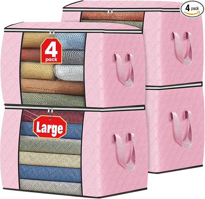 90L Clothes Storage, Foldable Thick Fabric Blanket Storage Bags | Foldable Containers with Zippers,Window and Handles for Organizing Bedroom, Closet, Comforter, Bedding,Dorm essentials by Fabtotes