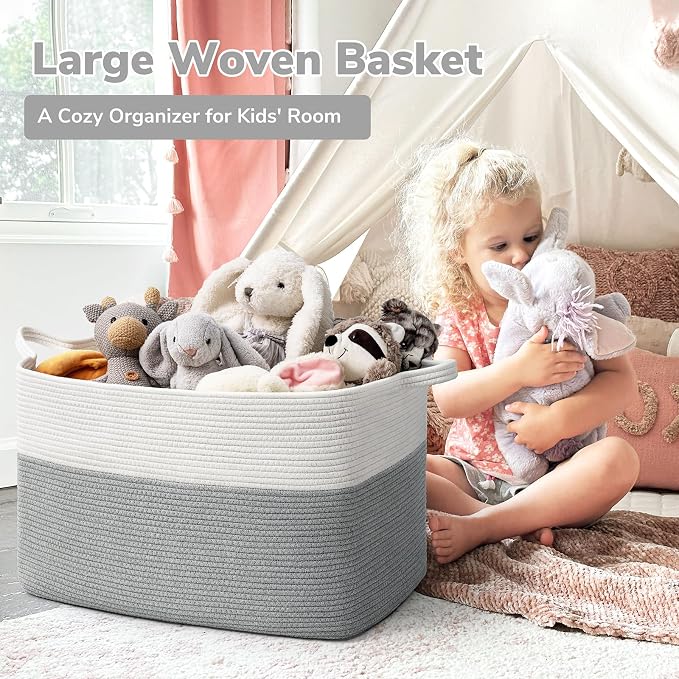 Goodpick 85L Large Woven Rope Blanket Basket, Rectangle, White Gray | 23.6'' x 15.7'' x 13.8'' Storage Basket for Blankets & Pillows, Living Room & Bedroom Organization, Reinforced Handles - Image 2