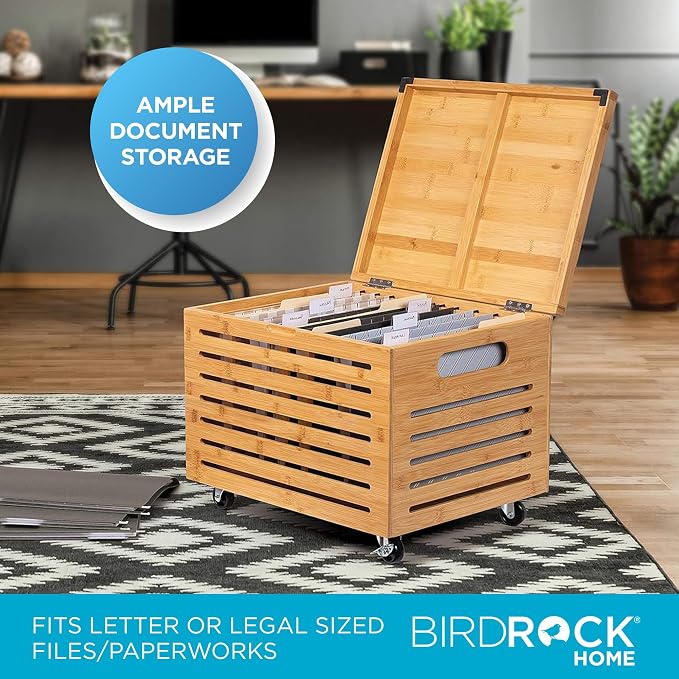BIRDROCK HOME Bamboo Rolling File Storage Organizer Box with Lid - Decorative File Cabinet on Wheels, Portable File Box on Wheels, Mobile Filing Solution - Natural | Decorative Bamboo Hanging File Box with Lid and Wheels, Small Filing Cabinet Under Des... - Image 2