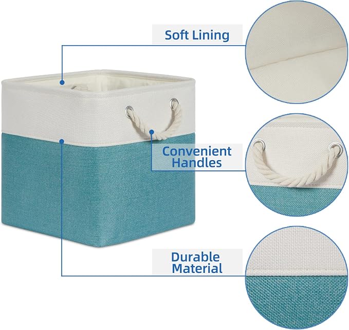 Temary Cubes Storage Baskets 11 Inch Cube Storage Bins 4 Pack Fabric Baskets for Gift Empty Teal Storage Bins for Shelves, Collapsible Fabric Storage Cubes Basket for Storage (White&Teal) - Image 4