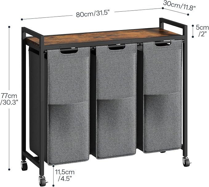 HOOBRO Laundry Sorter 3 Section, Laundry Hamper with Wheels, 3 × 11.5 Gal (43.4L), Rolling Laundry Basket, Pull-Out and Removable Oxford Fabric Laundry Bags, Rustic Brown and Grey BFG76XY01 - Image 3