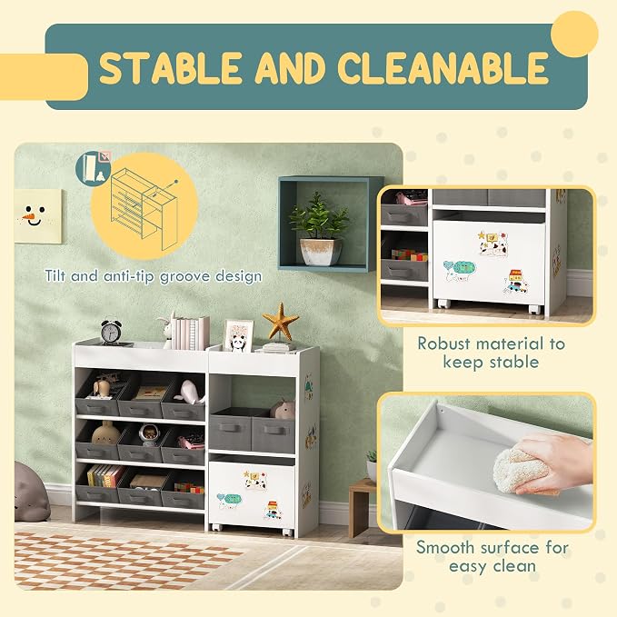 Qaba Toy Storage Organizer with 6 Shelves and 11 Fabric Bins, White | Moveable Toy Storage Cabinet, 3 Stickers, Kids Bookcase, Nursery, Playroom, Bedroom - Image 4