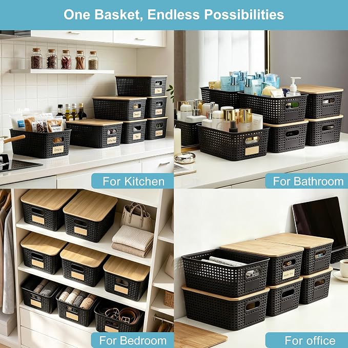 Small Plastic Storage Bins with Bamboo Lids 5.2qt Stackable Box Basket Pantry Decorative Containers Cute with Lable for Organizing Desktop Closet Office Black of 6 packs 10 * 7.2 * 4.1" - Image 5