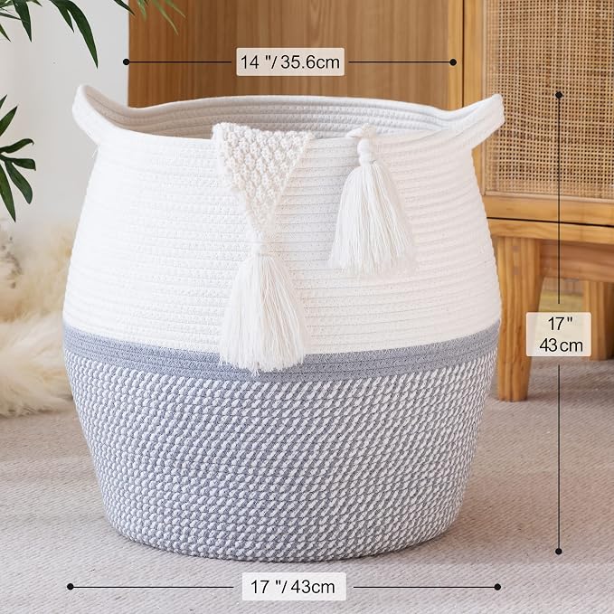 KAKAMAY Woven Baskets for Storage(17"x17"),Large Cotton Rope Woven Baby Laundry Hamper,Collapsible Laundry Basket, Blanket Basket for Organizing Living Room,Nursery,Pillows,Toy Chest(Grey) - Image 7