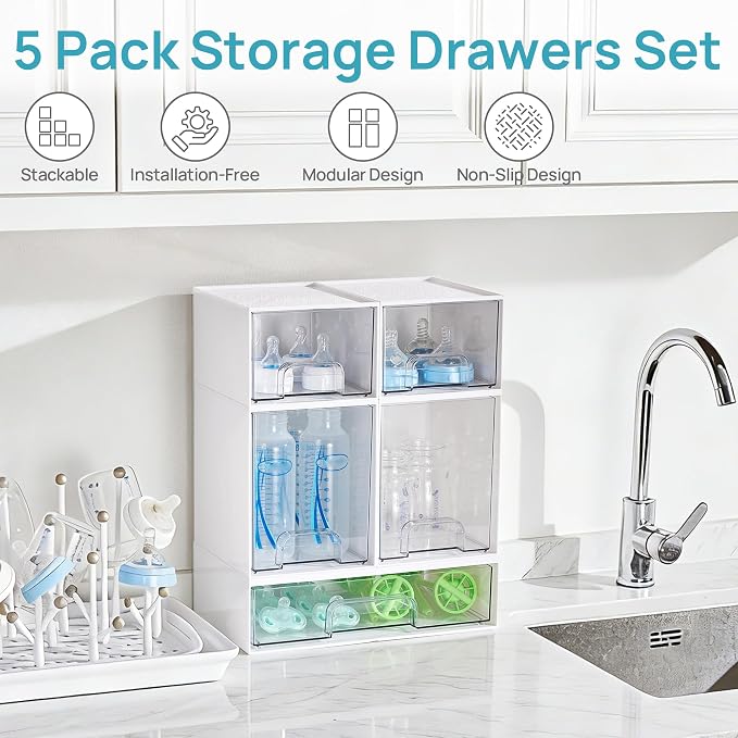 Vtopmart Stackable Storage Drawers Set of 5, Baby Bottle Organizer, White | Multi-purpose Boxes for Bathroom, Beauty Supplies,Ideal for Kichen Countertop, Vanity, Pantry Organization - Image 4