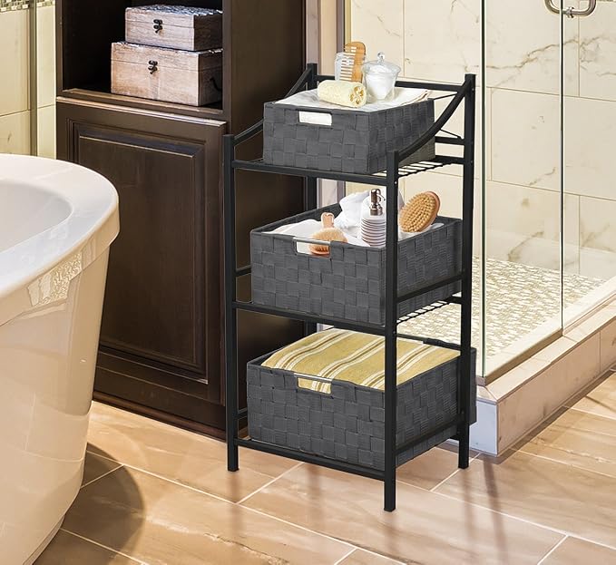 Sorbus Storage Box Woven Basket Bin Container Tote Cube Organizer Set Stackable Storage Basket Woven Strap Shelf Organizer Built-in Carry Handles (Gray) - Image 3