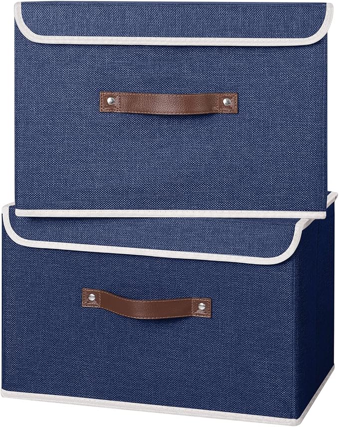 ANMINY Fabric Storage Box Bins with Lids, Blue, 15"x10"x10", 4 Pack | Keepsake Memory Storage, Cotton Linen, PP Board Reinforced, Washable, PU Handles, Foldable & Stackable, Decorative, Large - Image 5