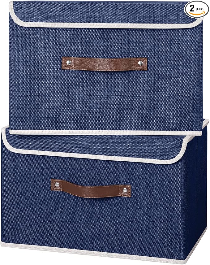 ANMINY Fabric Storage Box Bins with Lids, Blue, 15"x10"x10", 2 Pack | Keepsake Memory Storage, Cotton Linen, PP Board Reinforced, Washable, PU Handles, Foldable & Stackable, Decorative, Large by ANMINY