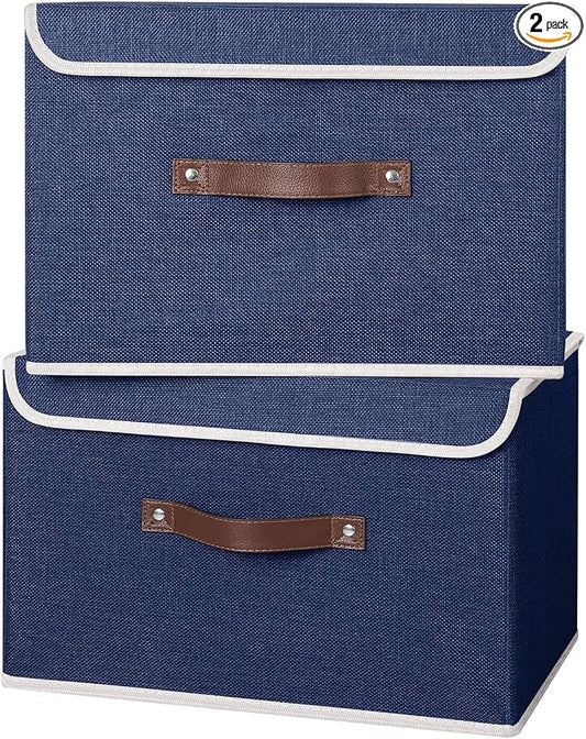 ANMINY Fabric Storage Box Bins with Lids, Blue, 15"x10"x10", 2 Pack | Keepsake Memory Storage, Cotton Linen, PP Board Reinforced, Washable, PU Handles, Foldable & Stackable, Decorative, Large by ANMINY