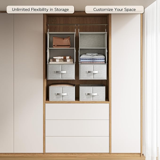 2 Pack 3-Shelf Hanging Closet Organizer with 2 Drawers, Silver Gray | Two Hanging Organizers with Fabric Drawers, Space-Saving Closet Storage for Clothes, Baby Items, Nursery and Dorm Rooms - Image 5