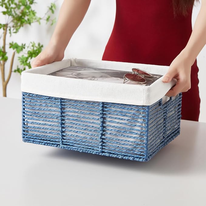 Wicker Storage Basket, 6 Pack Baskets for Organizing, Wicker Baskets with Handle, Rectangular Woven Basket for Storage Shelves, Cube Storage Bins for Closet/Clothes/Dresser, Blue - Image 3