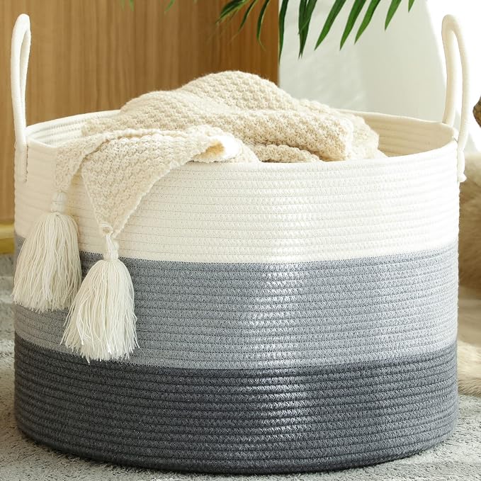 KAKAMAY Large Blanket Basket (20"x13"),Woven Baskets for storage Baby Laundry Hamper,Cotton Rope Blanket Basket for Living Room, Laundry, Nursery, Pillows, Baby Toy chest with Handles (White/Grey) | Extra Large Capacity | Natural Cotton Rope | Blanket ... by KAKAMAY