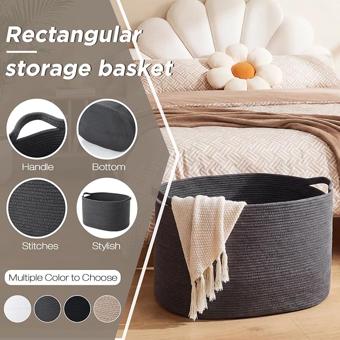 XXXXL 125L Extra Large Woven Blanket Basket, 25" x 18" x 17" Jumbo Cotton Rope Storage Basket with Handles Toy Storage Bins for Laundry Hamper Nursery Organizer Living Room Home(Dark Gray) - Image 4