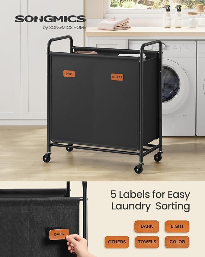 SONGMICS 2-Section Laundry Sorter, Laundry Hamper with Wheels, Rolling Clothes Hamper Cart with Large Capacity and Removable Bags, for Laundry Room, Bedroom, Bathroom, Ink Black URLS210B01 | Rolling Clothes Hamper Cart, Large Capacity, for Laundry Room... - Image 2