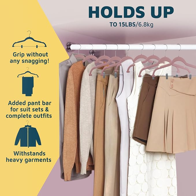 Lifemaster Velvet Pants Hangers – with Adjustable Clips, 360 Degree Swivel Hook, and Non-Slip Shoulder Notch, Holds Up to 10 lbs, for Organizing Skirt, Pants, Dress, and Clothes, Pack of 20, Pink - Image 8