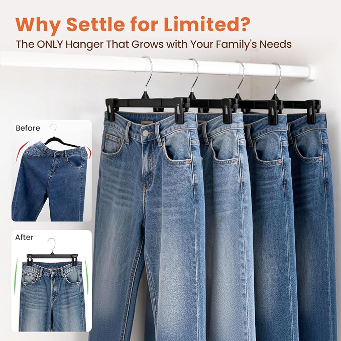 HOUSE DAY Black Pants Hangers with Clips 50 Pack, 12 Inch Skirt Hangers | Non-slip clips hold trousers, skirts, shorts and jeans; 360° swivel hook allows easy access for everyday adult wardrobes - Image 4