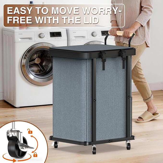 Laundry Hamper with Lid,Leather Patchwork Laundry Basket with Wheels Grey | 150L Rolling Laundry Basket with Bag & Handles,Laundry Basket Organizer for Laundry Room,and Bathroom,Laundry Room - Image 3