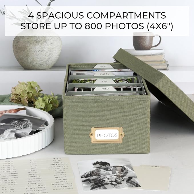 Decorative Photo Storage Box - Sturdy Linen Organizer Holds 850 4x6 Photos | Organizer with Dividers Stores Up to 850 Pictures - Portable Scrapbook Storage Containers with Lid - Image 5