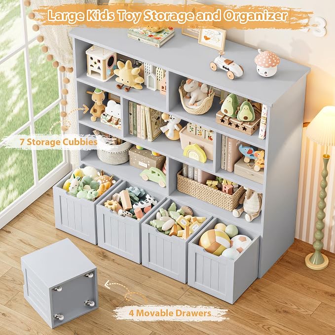 Toy Storage Organizer with Movable Drawer Toy Organizer for Kids | Kids Bookshelf and Toy Chest Storage with Hidden Wheels, Toy Organizers and Toy Storage for Playroom, Gray - Image 6