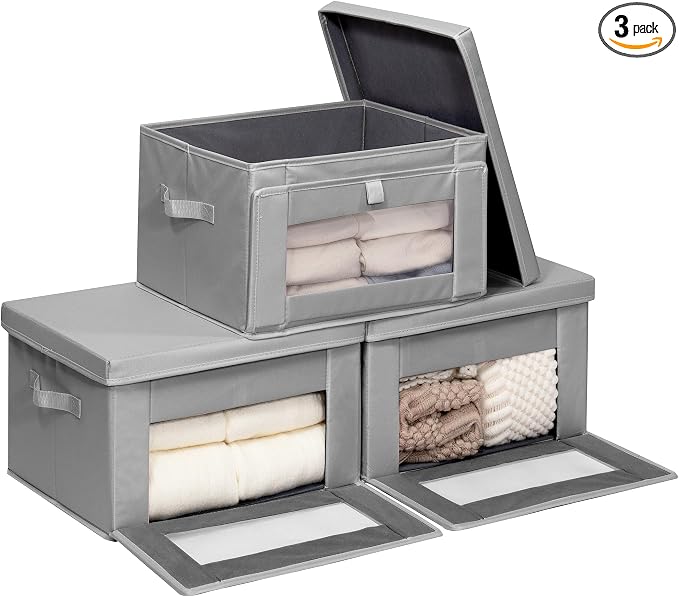Thick Fabric Storage Bins with Lids, Collapsible Storage Box Closet Shelf with Clear Window, Decorative Baskets for Clothes, 3 Set, Grey, Medium by Unknown