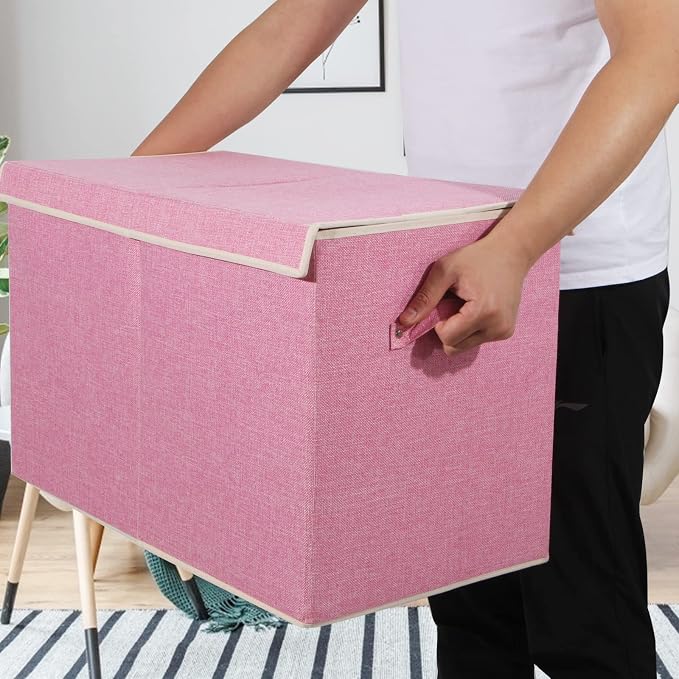 Large Toy Box Chest Storage with Flip-Top Lid, Kids Toy Storage Bin Boxes | Toy Chest with Rivets Handles for Kids, Boys, Girls, Nursery, Playroom, Living Room, Bedroom, 25"x 13" x 16" (Linen Pink) - Image 5