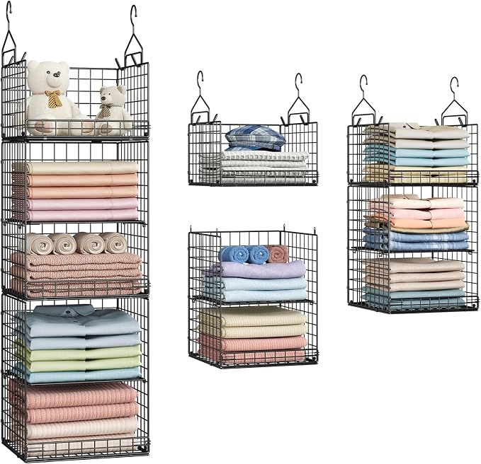 Yuyetuyo 5 Tier Closet Hanging Organizer and Storage Separable Hanging Closet Shelves with 4 Hooks 2 Adjustable Dividers, Wire Storage Basket Bins for Clothing Sweaters Socks Dolls Handbags, Foldable by Yuyetuyo
