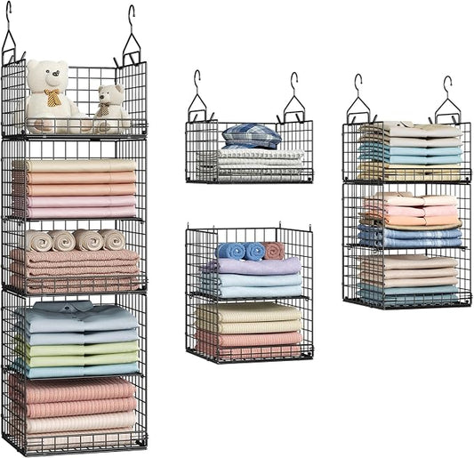 Yuyetuyo 5 Tier Closet Hanging Organizer and Storage Separable Hanging Closet Shelves with 4 Hooks 2 Adjustable Dividers, Wire Storage Basket Bins for Clothing Sweaters Socks Dolls Handbags, Foldable by Yuyetuyo