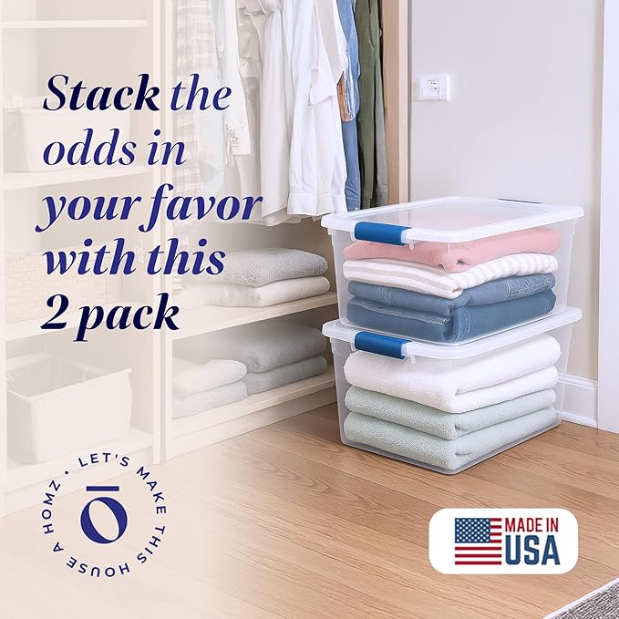 HOMZ Clear Plastic Storage Bins w/Latching Lid, 66 Qt, Blue Latch, 2 Pack | Large Stackable Container Boxes for Homes, Bathrooms, Garages, and Office Organization - Image 2