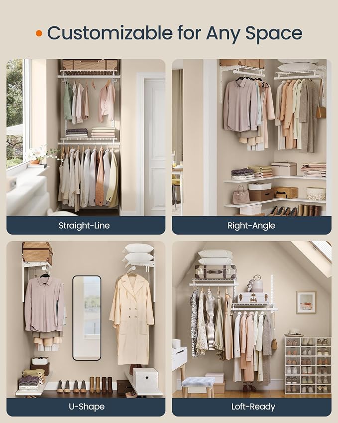 SONGMICS HOME Closet System, Closet Insert Organizer, 2-4 ft Closet Shelves | Adjustable Metal Shelving Unit, 2 Hanging Rods, 2 Shelves, Hooks, Pearl White and Cloud White, PATRIA Collection URGR030W01 - Image 4