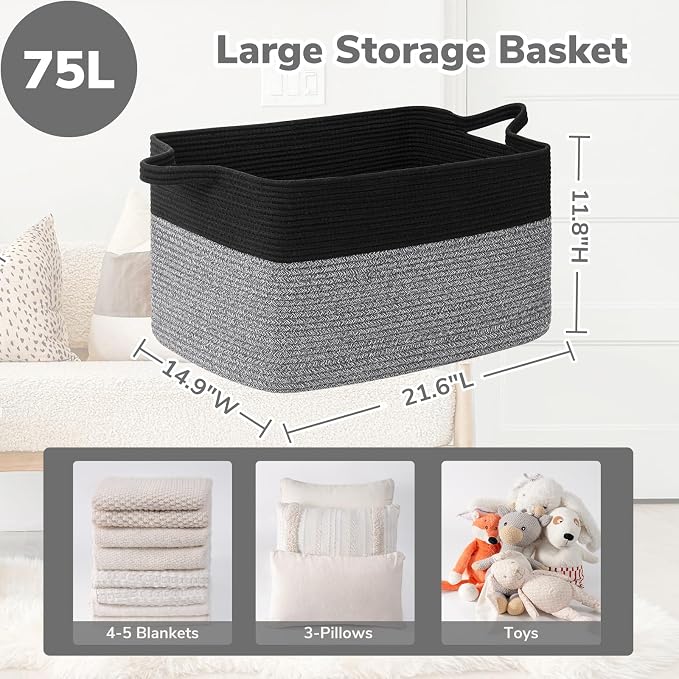 Goodpick Large Woven Rope Blanket Basket, Rectangle, Black & Gray | 21.6'' x 14.9'' x 11.8'' Storage Basket for Toys & Nursery Essentials, Living Room & Bedroom Organization, Reinforced Handles - Image 3