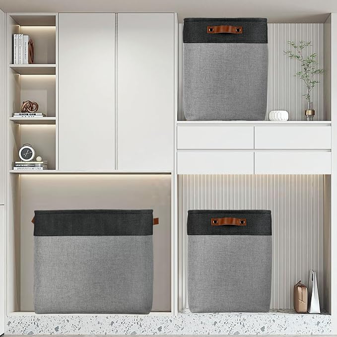 DULLEMELO Grey Storage Baskets for Organizing 3 Pack Fabric Shelf Baskets for Gifts Empty Large Storage Organizer for Closet,Clothes,Toys,Bedroom (Black&Grey) - Image 6